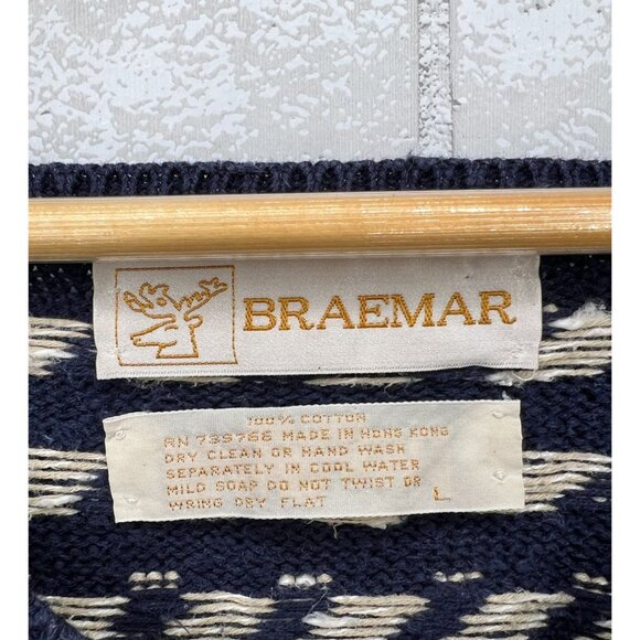BRAEMAR Vintage 90s Mens XL 100% Cotton Sweater V Neck Diamond Pattern Navy Blue - Picture 5 of 5